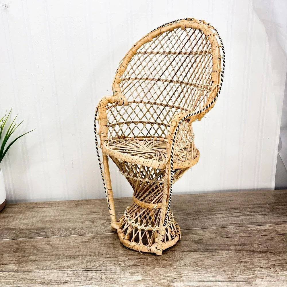 Vintage Wicker Peacock Chair Plant Stand – 15.5 inch Doll Chair